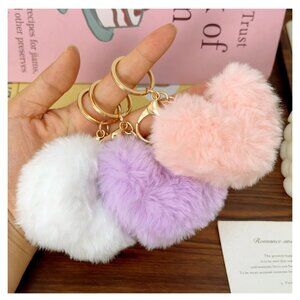NWOT - Soft Plush Heart Keychain Love Charm in White, Purple and Pink